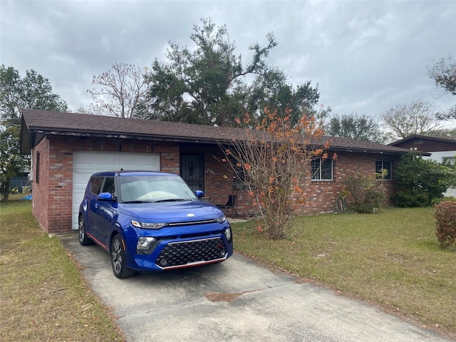 ranch-style house with brick siding, a shingled roof, concrete driveway, an attached garage, and a front yard