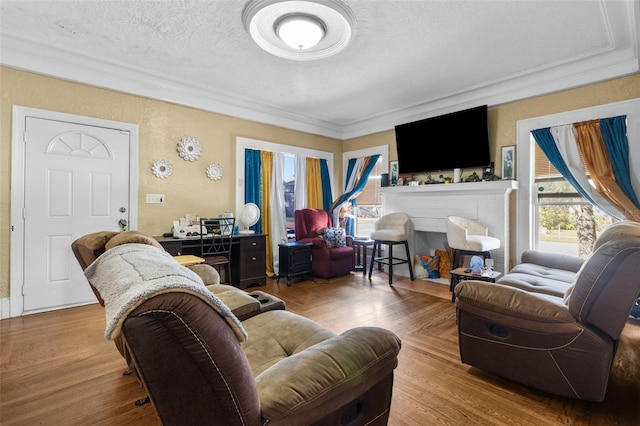 living area featuring a healthy amount of sunlight, ornamental molding, and a textured ceiling