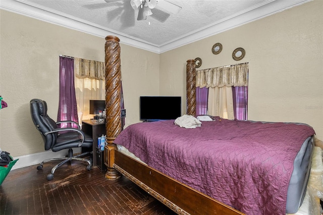 bedroom with a textured ceiling, a textured wall, a ceiling fan, and crown molding