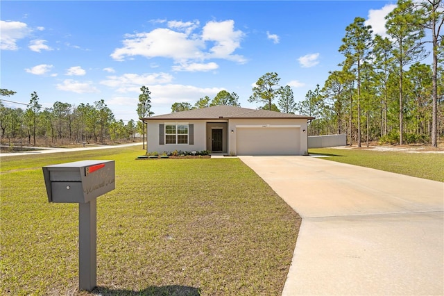 ranch-style house with driveway, a garage, fence, a front yard, and stucco siding