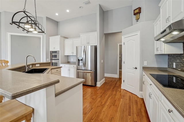 kitchen featuring light wood-style flooring, under cabinet range hood, a sink, appliances with stainless steel finishes, and tasteful backsplash