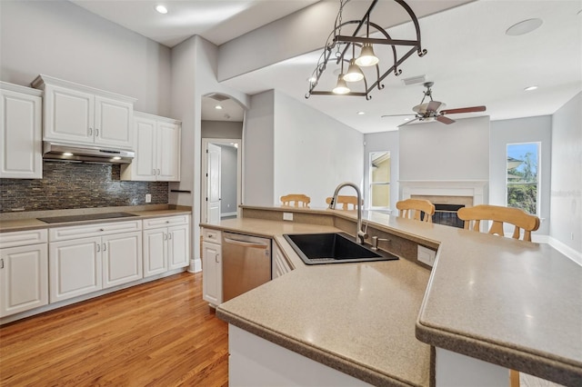 kitchen featuring a glass covered fireplace, a sink, dishwasher, under cabinet range hood, and black electric cooktop