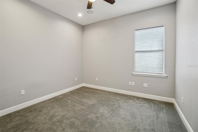 empty room featuring ceiling fan, recessed lighting, carpet flooring, and baseboards