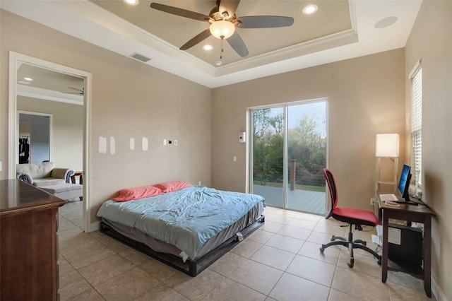 bedroom featuring visible vents, a raised ceiling, ornamental molding, access to outside, and recessed lighting