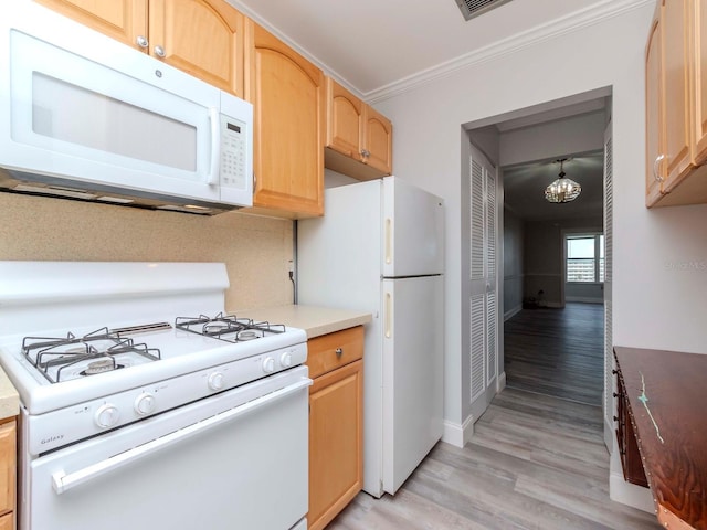 kitchen with white appliances, light wood finished floors, crown molding, and light brown cabinetry