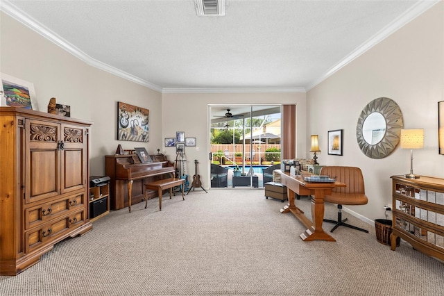 interior space featuring crown molding, carpet floors, baseboards, and visible vents