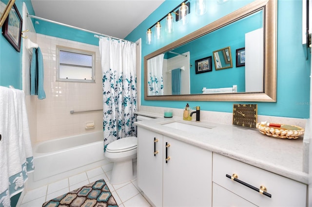 full bath featuring shower / bath combo, vanity, toilet, and tile patterned floors