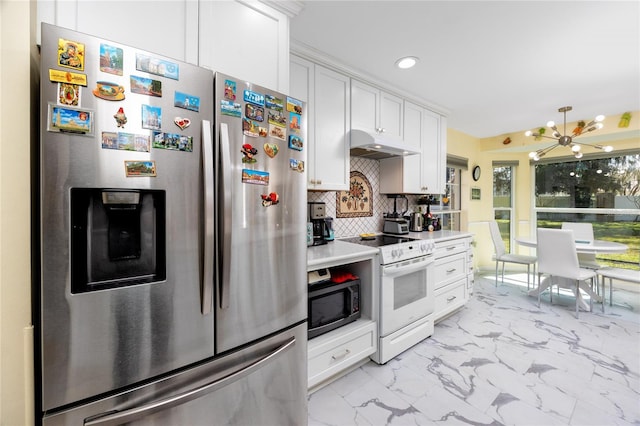 kitchen with marble finish floor, stainless steel refrigerator with ice dispenser, electric range, decorative backsplash, and under cabinet range hood