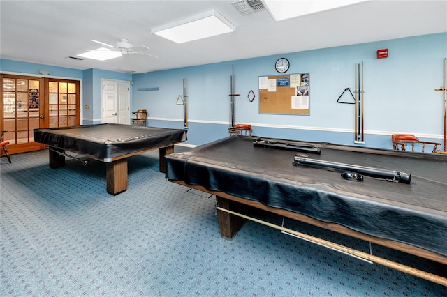 rec room with visible vents, a ceiling fan, pool table, french doors, and carpet floors