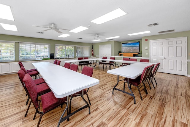 dining area featuring a ceiling fan, light wood-type flooring, and visible vents