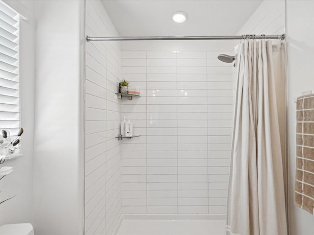 full bathroom featuring a shower stall and toilet