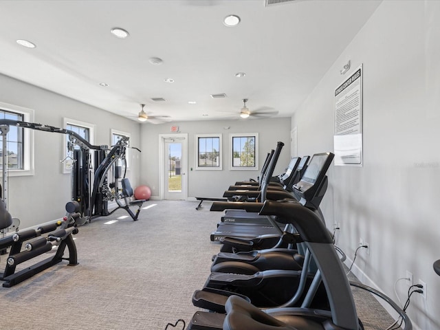 workout area featuring a ceiling fan, carpet, baseboards, and recessed lighting