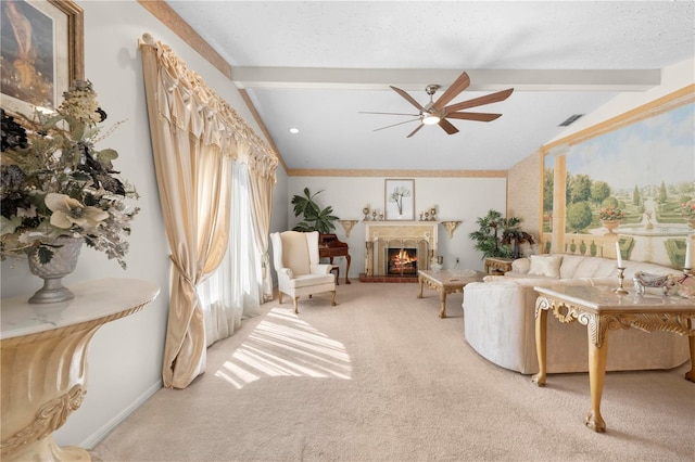 carpeted living room featuring vaulted ceiling with beams, a warm lit fireplace, ceiling fan, and visible vents