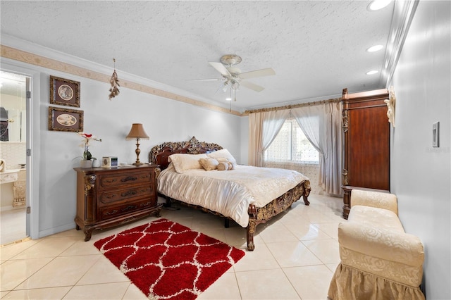 bedroom featuring light tile patterned floors, a textured ceiling, and crown molding