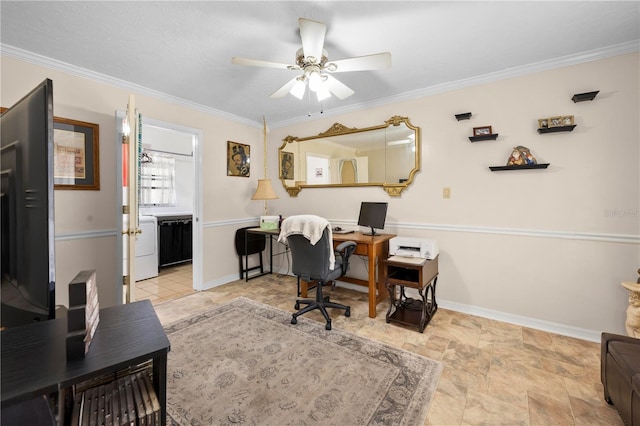 office space featuring a ceiling fan, crown molding, and baseboards