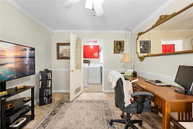 home office featuring baseboards, crown molding, visible vents, and washer and dryer