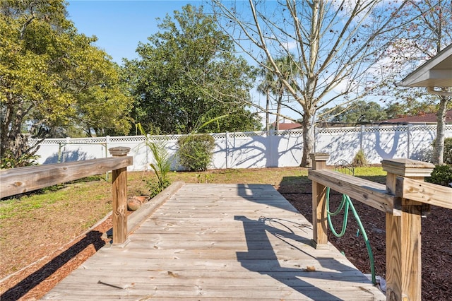 wooden deck with a fenced backyard