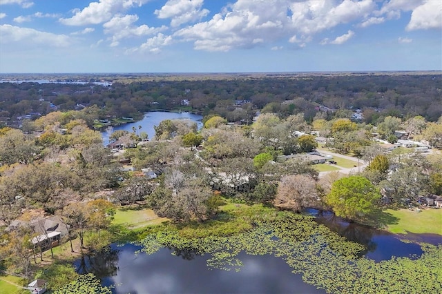 birds eye view of property featuring a water view and a wooded view