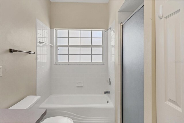 full bathroom featuring shower / bathing tub combination, vanity, and toilet