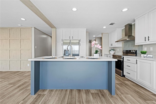 kitchen featuring stainless steel appliances, a sink, visible vents, wall chimney range hood, and light wood finished floors