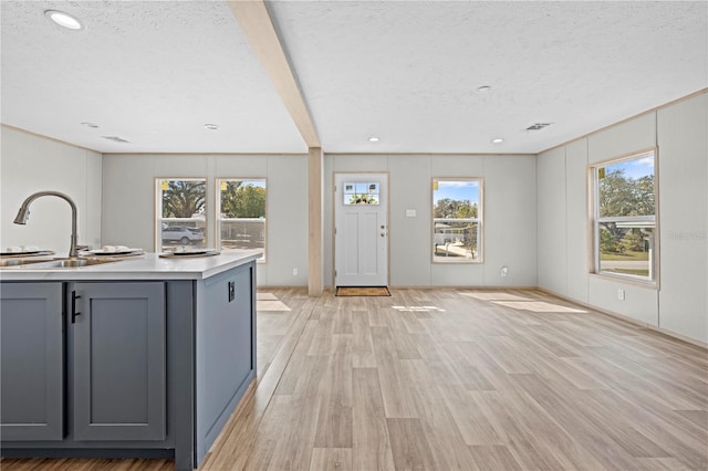 kitchen with a textured ceiling, gray cabinetry, a sink, light countertops, and light wood finished floors