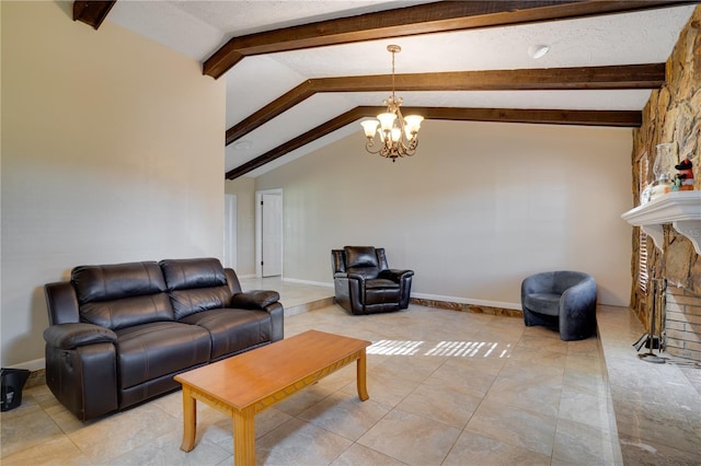 living room with lofted ceiling with beams, an inviting chandelier, a brick fireplace, a textured ceiling, and baseboards