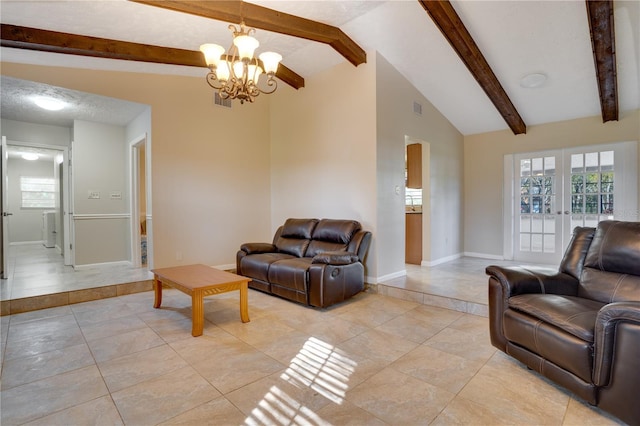 living room featuring visible vents, vaulted ceiling with beams, a textured ceiling, and baseboards