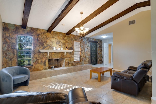 tiled living room featuring vaulted ceiling with beams, a fireplace, visible vents, a chandelier, and baseboards