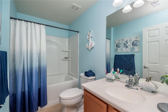 full bath with shower / tub combo, visible vents, vanity, and toilet