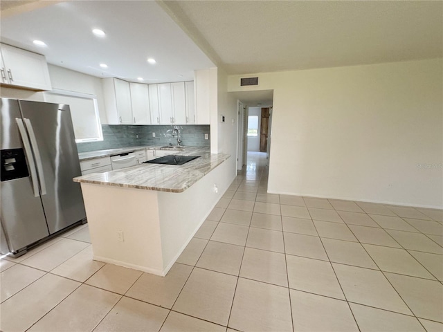 3300 Fox Chase Cir N Unit 229, Palm Harbor, FL 34683 - kitchen featuring stainless steel fridge with ice dispenser, a peninsula, dishwasher, a sink, and white cabinets
