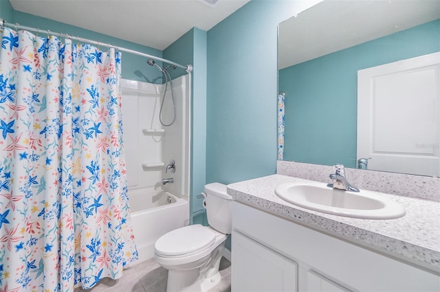 bathroom with toilet, tile patterned floors, shower / bath combination with curtain, and vanity