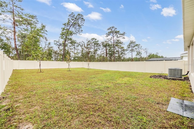 view of yard featuring a fenced backyard and central air condition unit