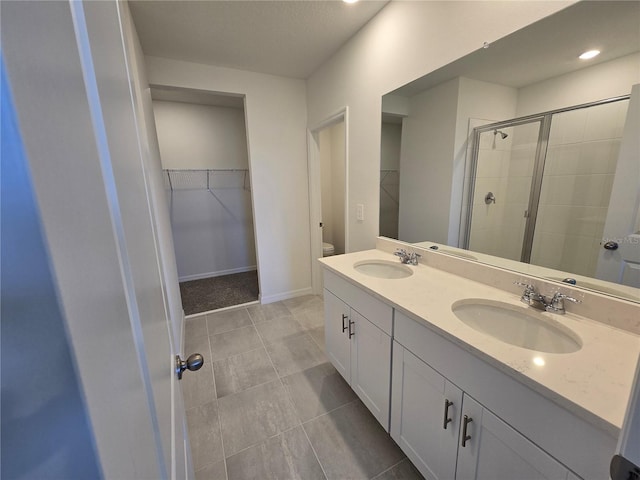 bathroom with a spacious closet, double vanity, a stall shower, and a sink