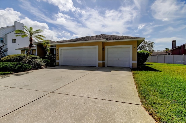 view of front of house with stucco siding, concrete driveway, an attached garage, fence, and a front lawn