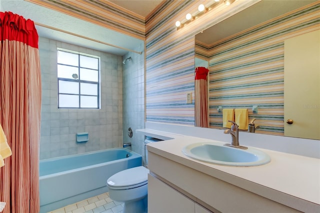 full bathroom with wallpapered walls, toilet, tile patterned flooring, bathtub / shower combination, and vanity