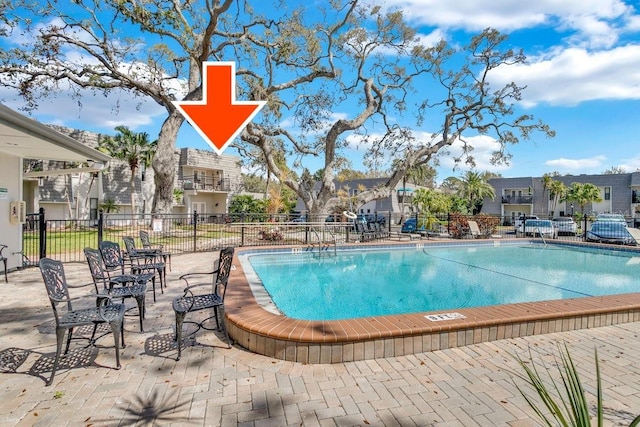 view of pool featuring fence and a patio