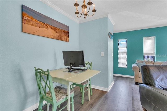 office area featuring an inviting chandelier, baseboards, ornamental molding, and wood finished floors