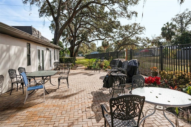 view of patio with a fenced backyard and outdoor dining area