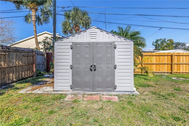 view of shed with a fenced backyard