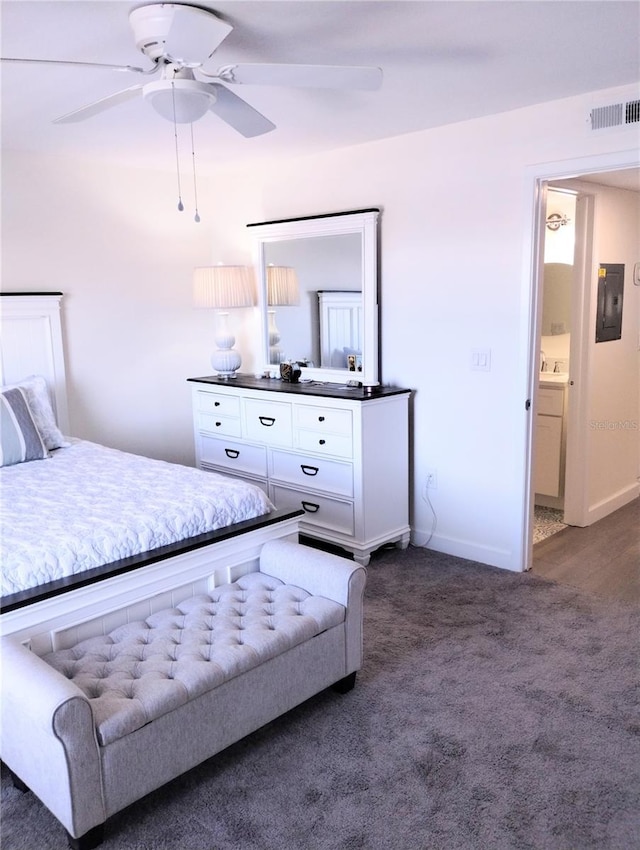 bedroom featuring dark colored carpet, electric panel, ceiling fan, and baseboards