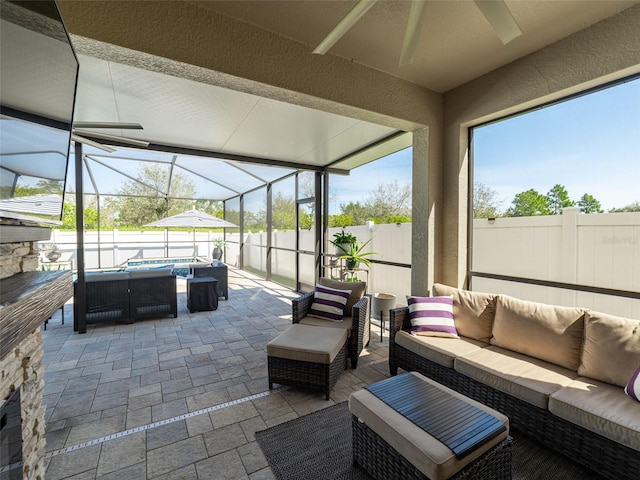 view of patio with a lanai, a fenced backyard, an outdoor hangout area, and a fenced in pool