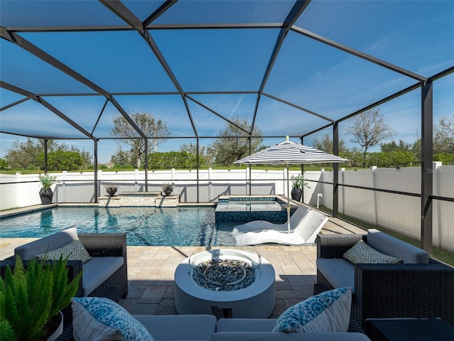 view of swimming pool with a patio, a fenced backyard, an outdoor hangout area, an in ground hot tub, and a fenced in pool