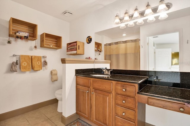 bathroom featuring visible vents, toilet, curtained shower, tile patterned flooring, and vanity