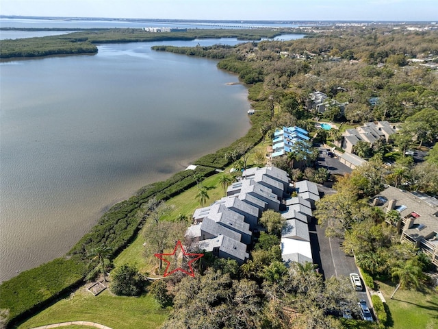 drone / aerial view featuring a water view