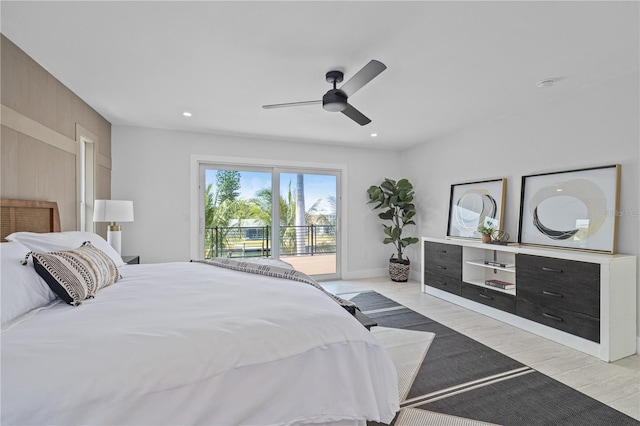 bedroom featuring access to exterior, ceiling fan, wood finished floors, and recessed lighting