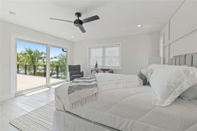 bedroom featuring ceiling fan, recessed lighting, wood finished floors, baseboards, and access to outside