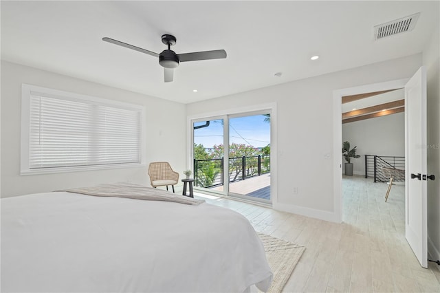 bedroom with recessed lighting, visible vents, baseboards, light wood-style floors, and access to outside