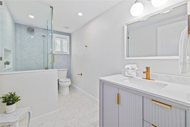 bathroom featuring toilet, recessed lighting, vanity, baseboards, and a shower stall