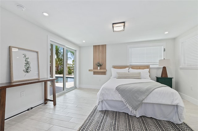 bedroom featuring access to exterior, baseboards, light wood finished floors, and recessed lighting