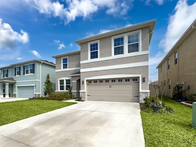 view of front of house featuring a garage, stone siding, driveway, and stucco siding